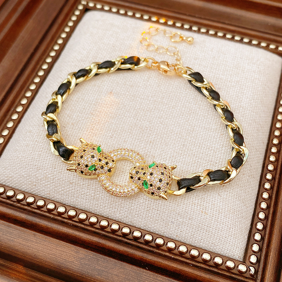 Medieval cuero vintage zircon pulsera leopardo lujo ligero pulsera retro sensación de nicho de diseño sensación de brazalete