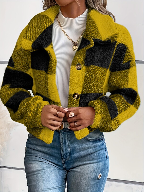 Long Sleeve Plaid Pattern Teddy Coat Versatile Winter跨境|undefined