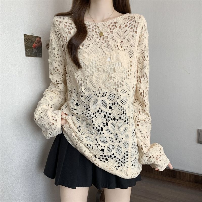 Solid color hollow-out crochet floral long-sleeve knit top, loose and slimming, suitable for both inner and outer wear, versatile top Solid color hollow-out crochet floral long-sleeve knit top, loose and slimming, suitable for both inner and outer wear, versatile top