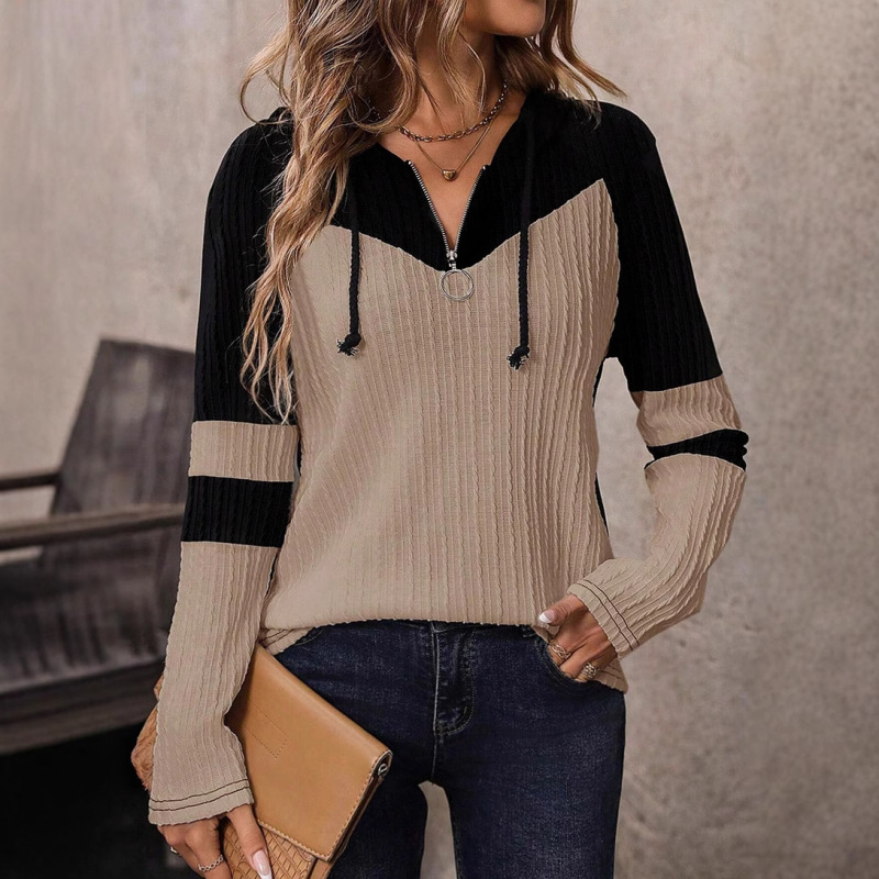 Trendy European and American Fashion Color-Block Hooded Knit Sweater for Women, New Autumn and Winter Design with Half-Zip Long Sleeve Pullover for Women Trendy European and American Fashion Color-Block Hooded Knit Sweater for Women, New Autumn and Winter Design with Half-Zip Long Sleeve Pullover for Women