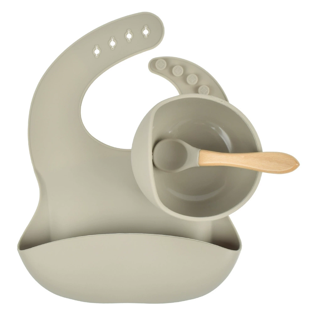 Silicone children's tableware set — bib, bowl and spoon with suction base, multi-color