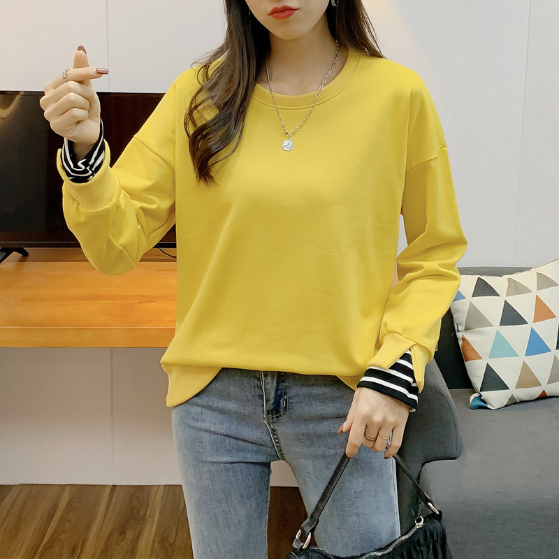 2022秋冬新款韩版女装宽松纯色圆领大码套头长袖拼接假两件卫衣女|ru