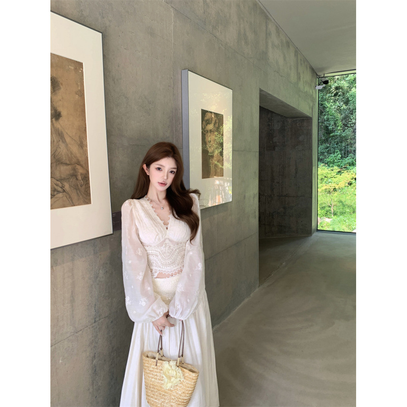 老钱风气质长袖蕾丝雪纺衫上衣优雅拼接半身长裙套装女|undefined