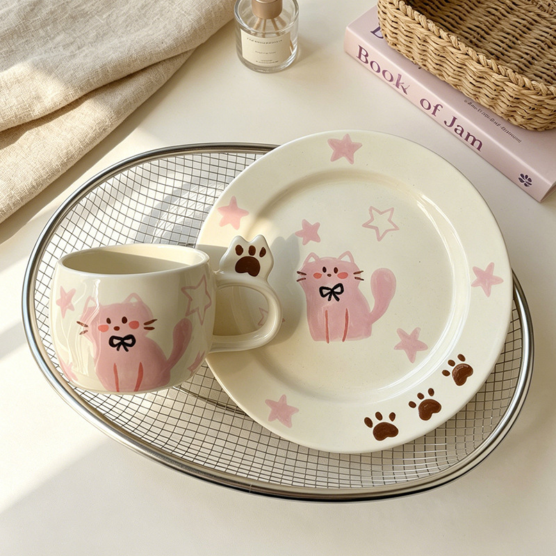 Korean-Style Ins-Style Hand-Painted Cat Ceramic Cup and Plate Set, Girly Coffee Cup, Water Cup, Breakfast Plate, Tableware Wholesale
