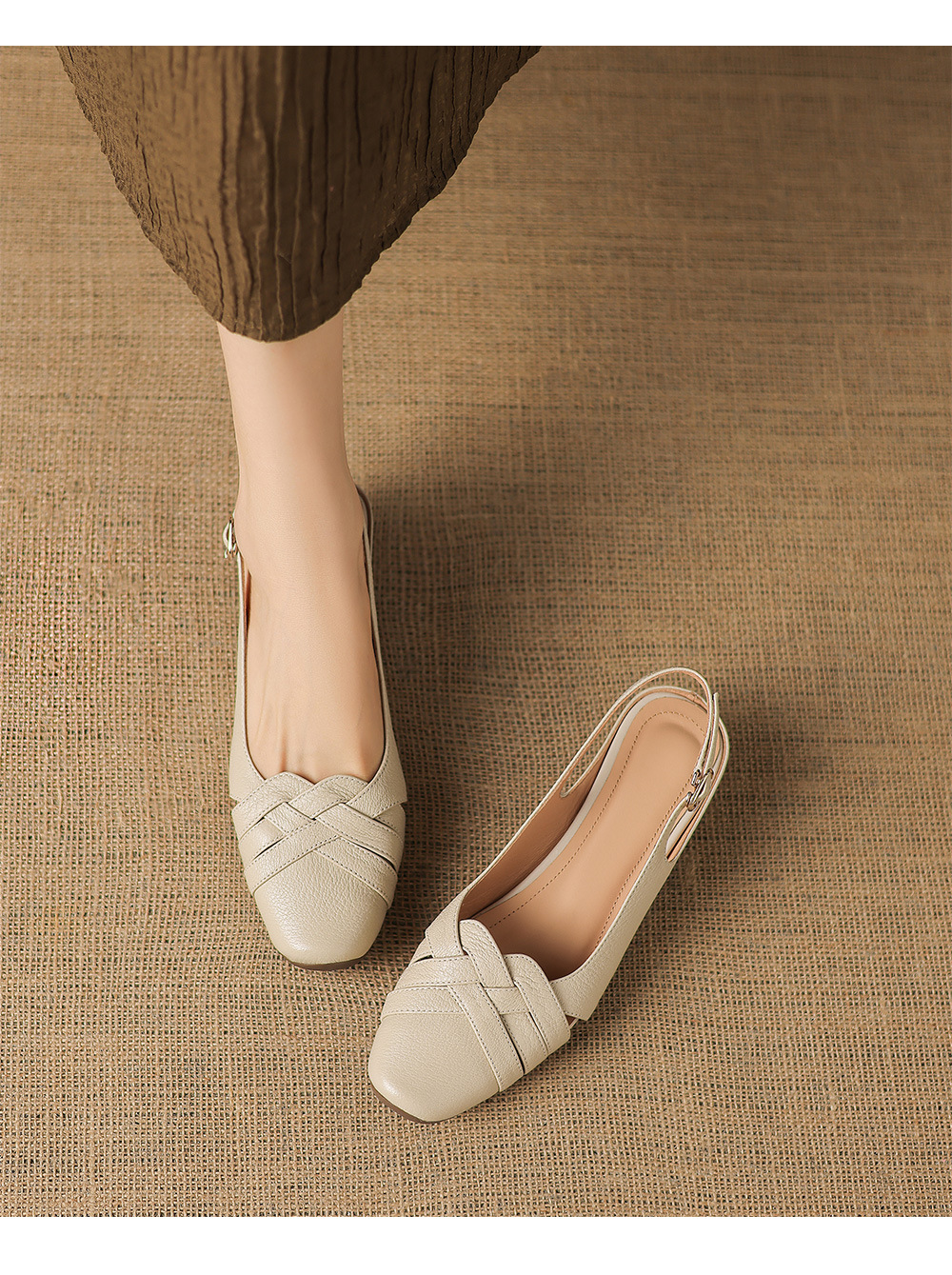 Sandal nữ mũi nhọn quai dệt gót thô 3.5 cm da cừu — Champagne màu chi tiết 10
