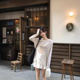 薄款微透防晒罩衫女夏宽松圆领长袖T恤印花上衣服