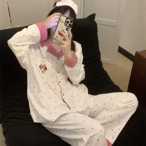 可爱甜美米奇睡衣女春秋季长袖长裤套装翻领ins风可外穿家居服|undefined