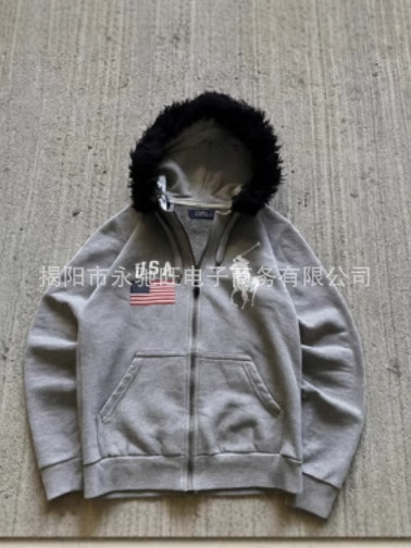 外贸厂家直销美式水洗个性长袖连帽卫衣日系潮流高级感毛领外套男|undefined
