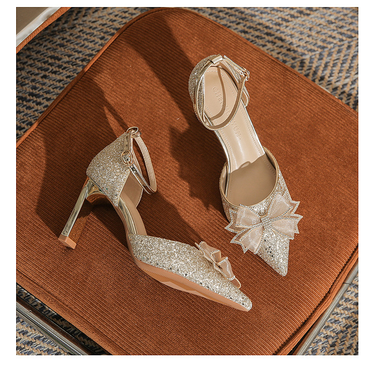 Giày sandal cao gót nữ quai ngang mũi nhọn gót nhọn CH8006-5 — Màu Sâm panh chi tiết 24