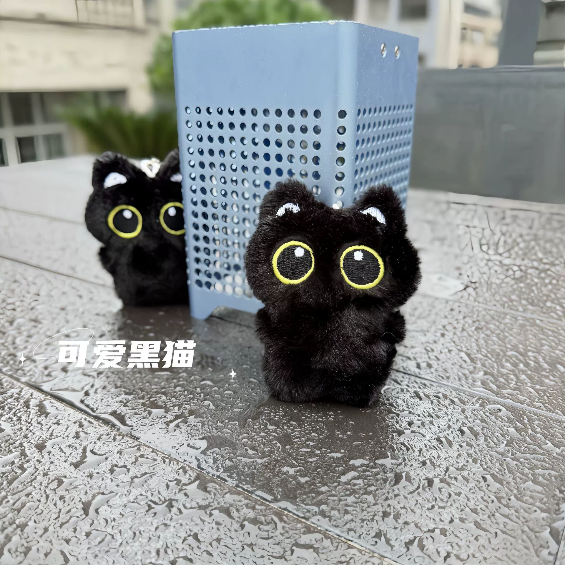 Plush doll, pendant, black keychain, big eyes, kitten