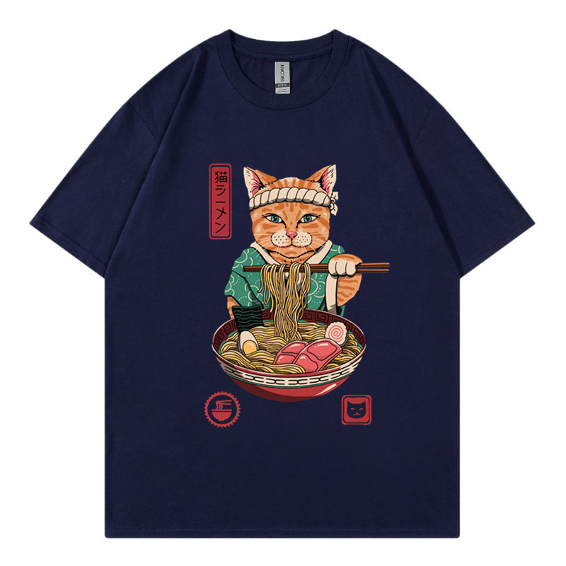 New Zhuoli station Kung Fu cat eating noodles printed t-shirt men's and women's Casual Short Sleeve round neck top_voghion.com