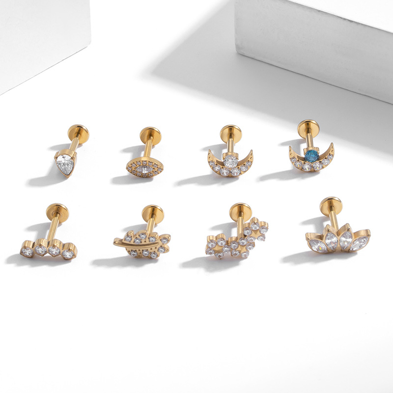Leaf, Moon, Flower Pattern 1 Piece Ear Cartilage Rings & Studs Fashion Leaf Moon Flower Pure Titanium Inlaid Zircon