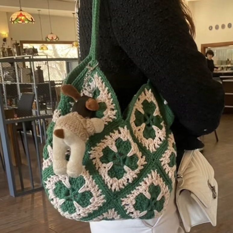 幸运草单肩包编织包上班通勤包可爱休闲毛线钩针包手拎便携大容量