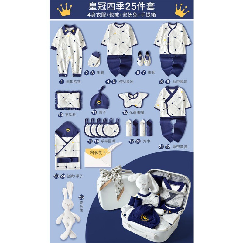 Crown All Seasons Collection [Blue 25 Pieces + Suitcase + Soothing Rabbit]