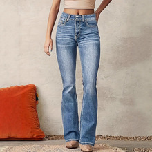 代发亚马逊欧美跨境春季新款复古弹力牛仔裤女装水洗微喇长裤