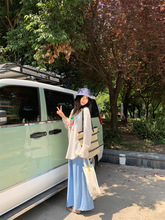 韩系套装卡通印花慵懒风长袖T恤女夏季高腰蓝色半身裙长裙两件套