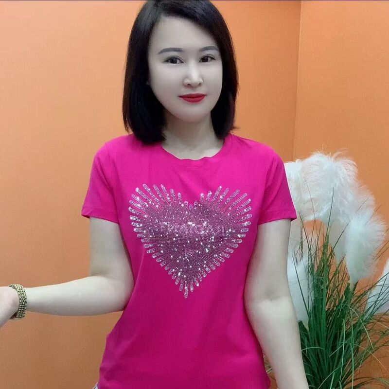 Short-Sleeve Women's Loose Plus-Size Rhinestone Top Korean Style Versatile Slimming Summer Base Shirt Trendy Round Neck Top Short-Sleeve Women's Loose Plus-Size Rhinestone Top Korean Style Versatile Slimming Summer Base Shirt Trendy Round Neck Top