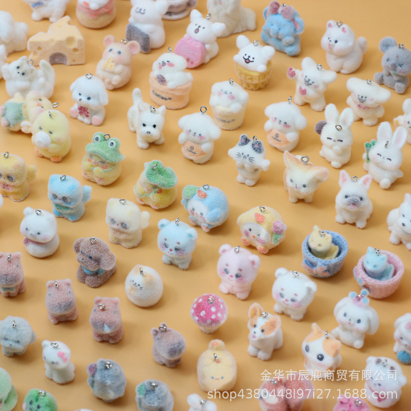 Resin Creative Flocked Cute Animal Pendant Doll DIY 3D Ornament Phone Charm Handmade Pendant