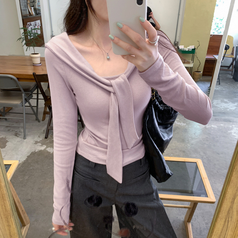 韩版chic别致紫色披肩假两件长袖T恤女秋季新款气质收腰显瘦上衣|undefined
