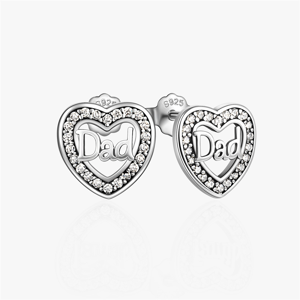 Inlay Design 1 Pair 925 Sterling Silver Zircon Heart Shape Ear Studs