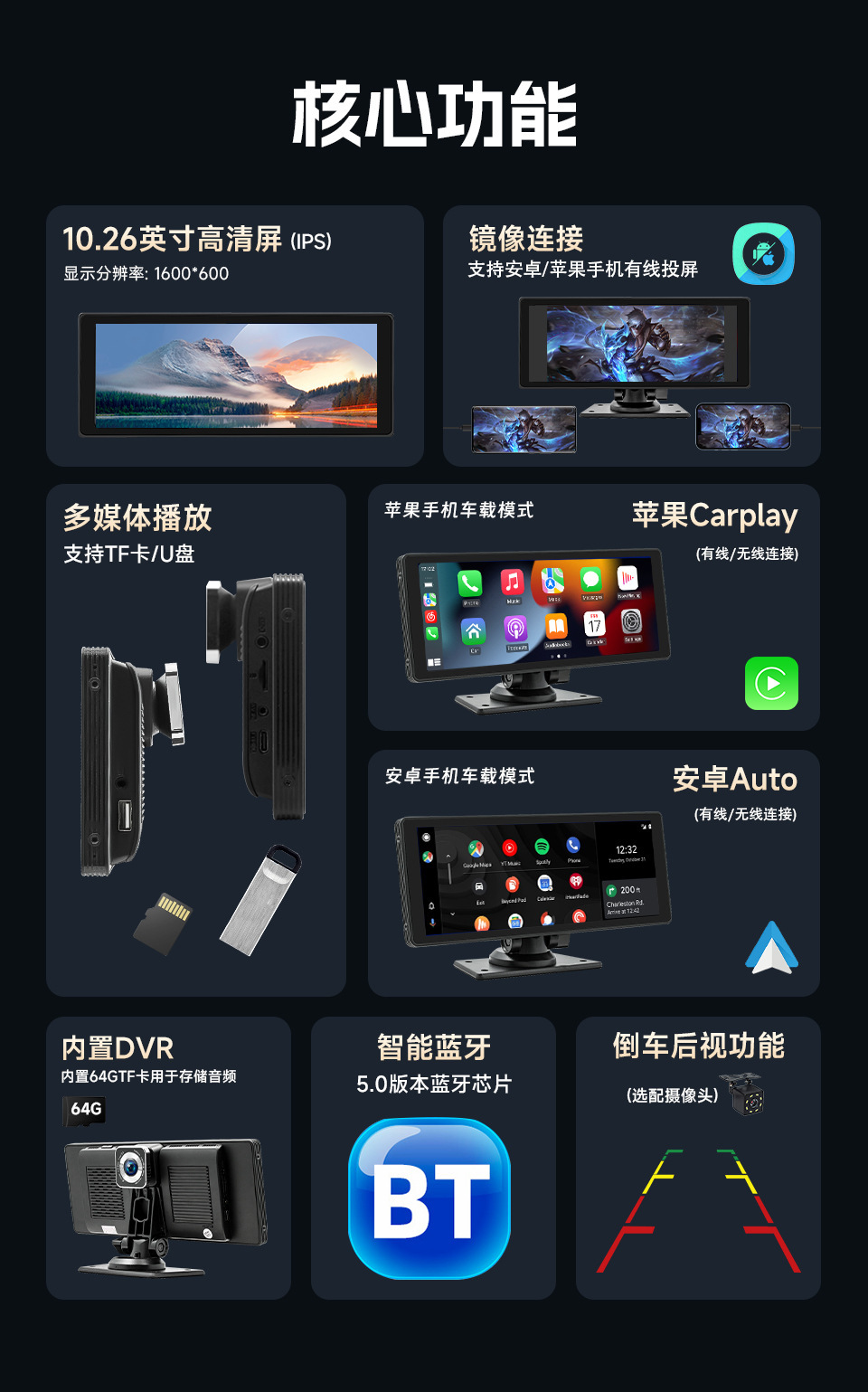 10.26inch Carplay Portable Screen Driving Recorder Portable Car Pnd Wireless Smart Screen Display