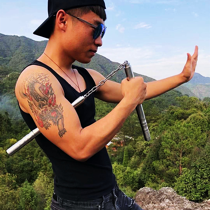 Longquan Xia Ke Tang stainless steel nunchaku martial arts training and performance, stainless steel nunchaku for outdoor fitness, same style as in movies and TV shows.