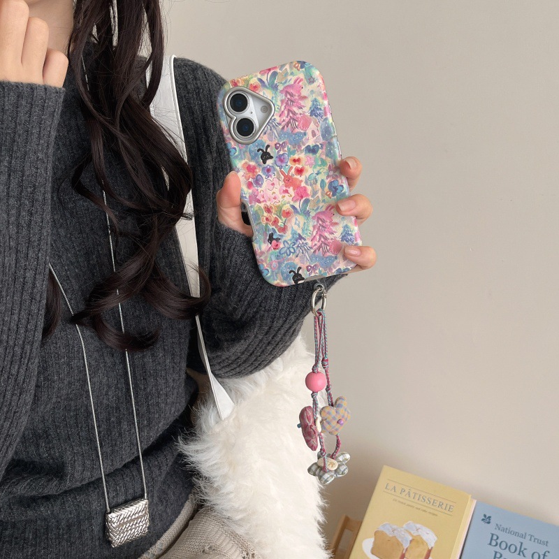 Estilo pastoral pintura al óleo flores de colores conejo para iphone15/16 funda para teléfono móvil 16Pro chica 14PM dibujos animados