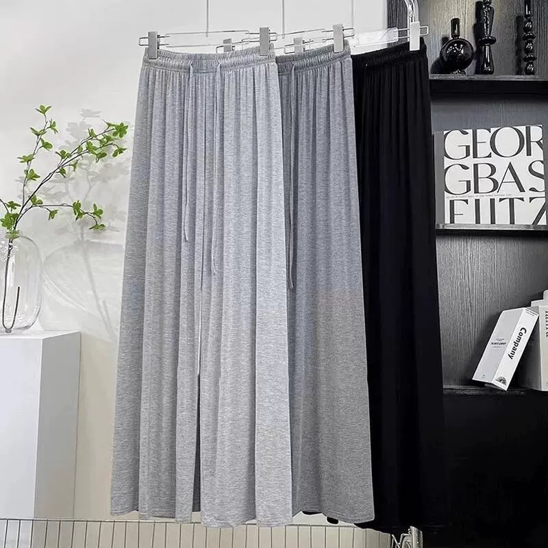 灰色莫代尔阔腿裤女夏季薄款特大码运动裤高腰直筒休闲冰丝防晒裤