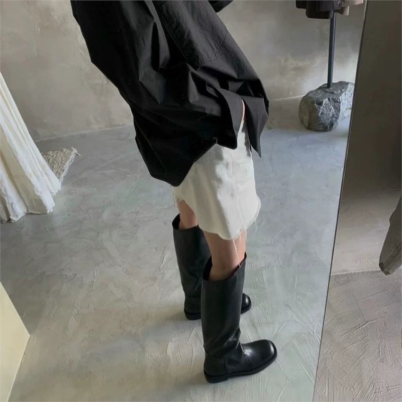 2025新款可开发批发无标韩版设计款平底高筒靴圆头不规则靴筒骑士|undefined