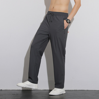 運動長褲男夏季冰絲速幹寬松休閑彈力健身褲男跑步直筒上班空調褲