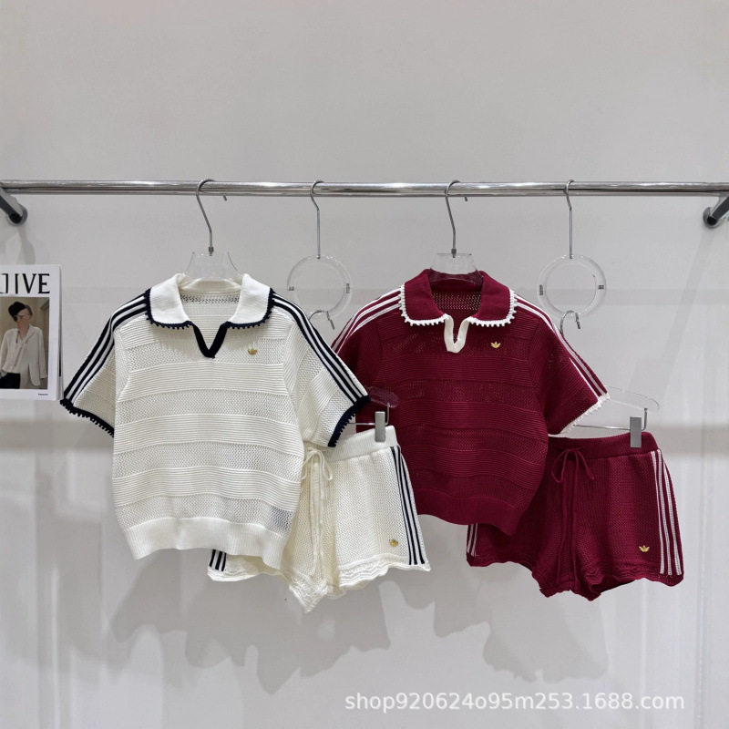 AhD Sanye2026 Spring/Summer New Classic Three-Bar Patchwork Color-Contrast Hollow Casual Knit Set