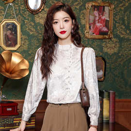 新中式钉珠刺绣衬衫女春季2024年新款高级设计感复古女士雪纺衬衣