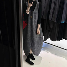 慵懒风灰色无袖吊带毛呢连衣裙女2025新款秋装宽松设计感叠穿长裙