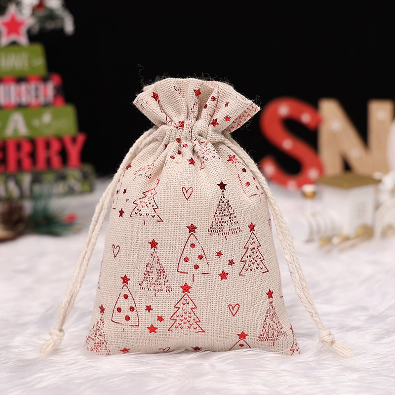 Сумка- gift с завязками из хлопка и льна, размеры 10×14 см и 13×18 см, праздничные принты к Рождеству