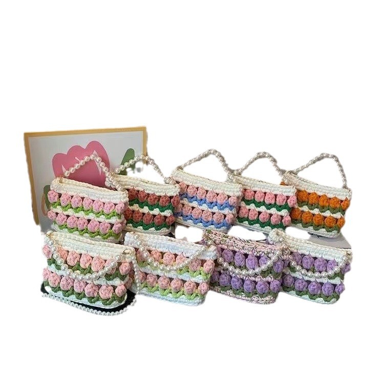 Bolsa de tejido DIY hecha a mano, bolsa de Tulip, tela casera, línea de ganchillo, bolsa de material DIY