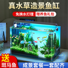 高清热弯玻璃鱼缸水族箱办公室客厅迷你桌面加厚造景观赏超白玻璃