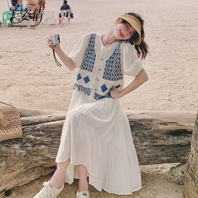 Белое платье, летнее платье, полный комплект во французском стиле, красивый и нежный стиль, популярная в этом году красивая юбка-костюм.