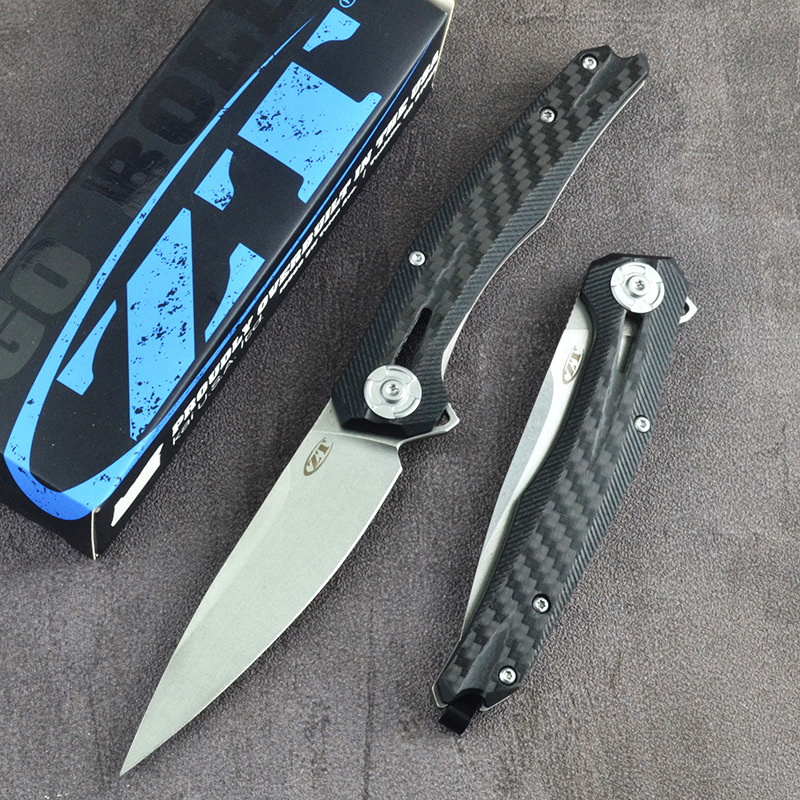 跨境热卖零误差ZT0707折刀高档碳纤维手柄滚珠轴承D2钢野营小刀