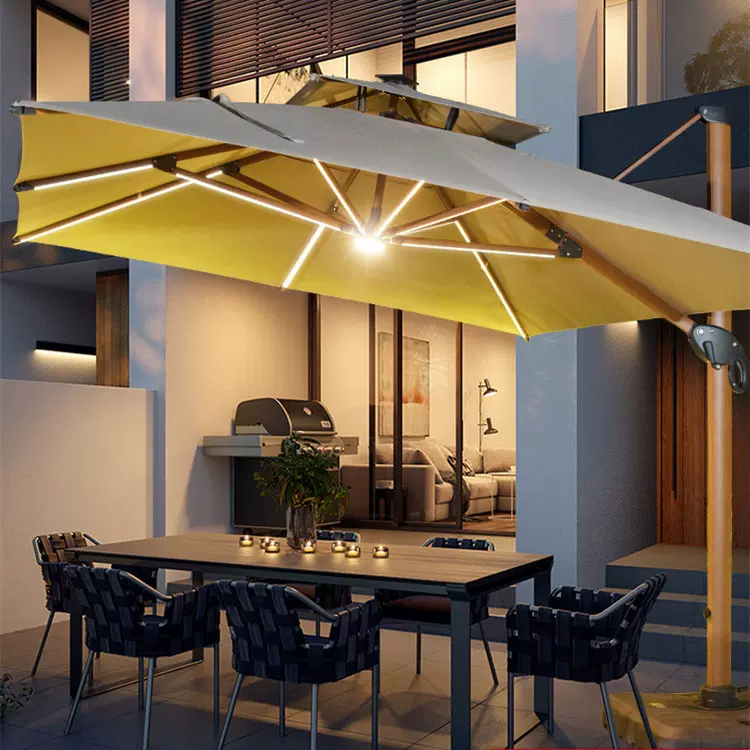 户外遮阳伞庭院别墅铝合金仿木纹伞花园酒店室外太阳能LED带灯伞