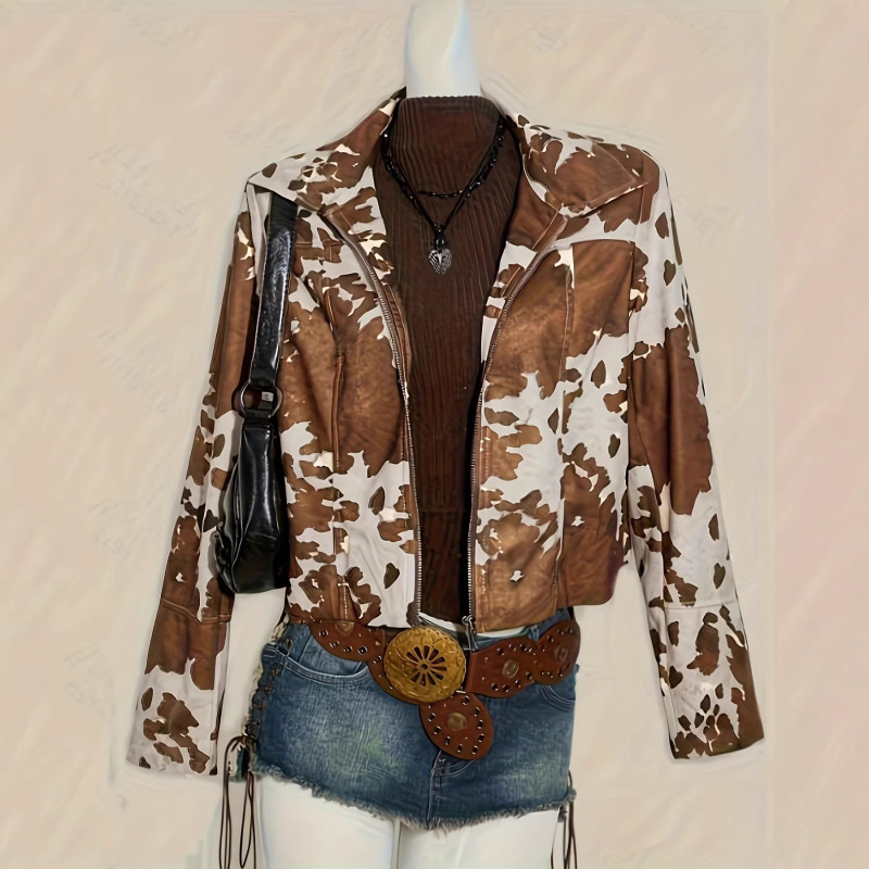2026 American Retro Cow Print Short Jacket for Women, Autumn Style, Personalized Zipper, Slim Fit, Casual Jacket