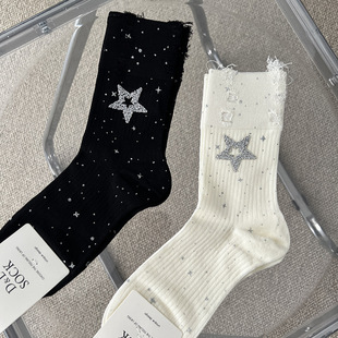 Hot Diamond Stars Sparkling Socks Hole Jewelry Women's Socks European Goods Light Luxury Women's Socks Spring and Summer Thin Cotton Socks Stacked Socks
