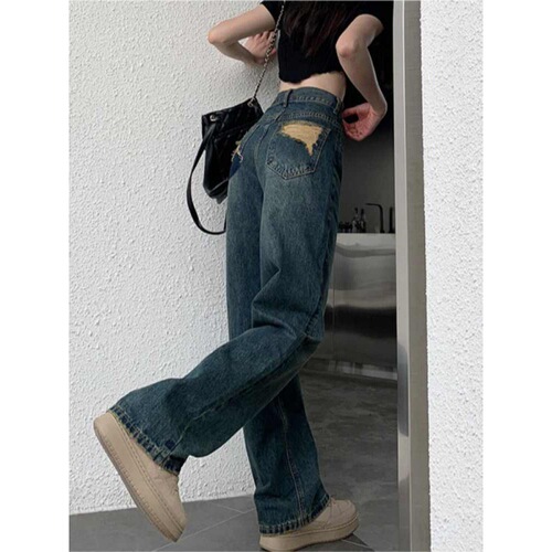 Narrow version wide-leg jeans for women's spring and autumn style  new style high-waist drag-feeling slimming contrast color small straight pants
