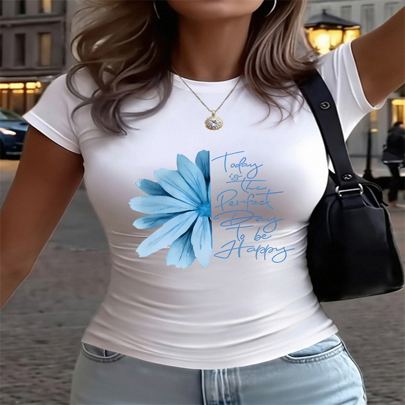 Women's Summer Vintage Y2K Pattern Print T-Shirt, Slim Fit Cropped Tee For Casual Streetwear_ecoleips.com