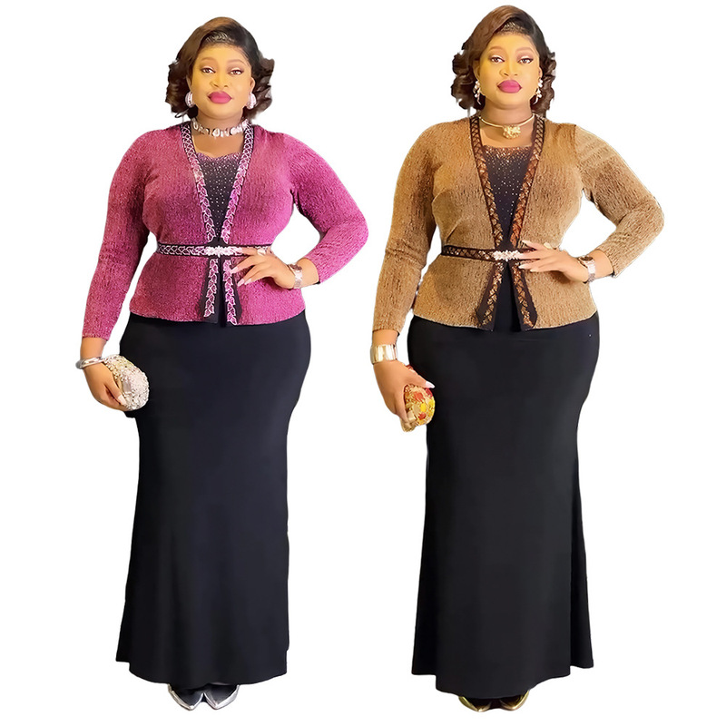 Cross-Border Wholesale New Aliexpress Fake Two-Piece Elegant Long Skirt Plus Size African Women's Mother's Dress