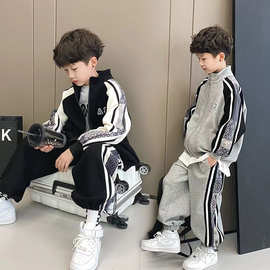 男童秋装套装2024新款中大童韩版休闲运动拼色字母外套长裤两件套