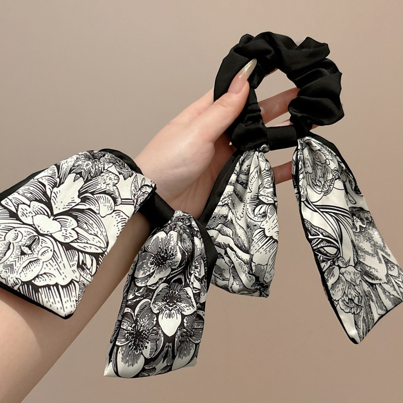 Cinta estampada retro francesa, lazo para el cabello de intestino grueso, temperamento femenino, cabello atado, cuerda para la cabeza, delicado tocado de cuerda para el cabello de cola de caballo baja