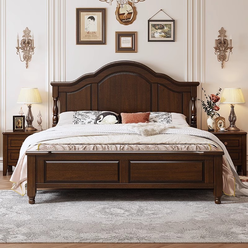 American-Style Pure Solid Wood Bed, Vintage Country 1.8m Double Bed, 2m X 2m Large Bed for Master Bedroom, 1.5 Single Breadboard Bed
