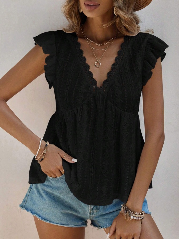 2026 European And American Cross Border Women's Spring And Summer New Fashionable Hollow V-neck Lotus Leaf Short Sleeved Lace T-shirt Top_ecoleips.com