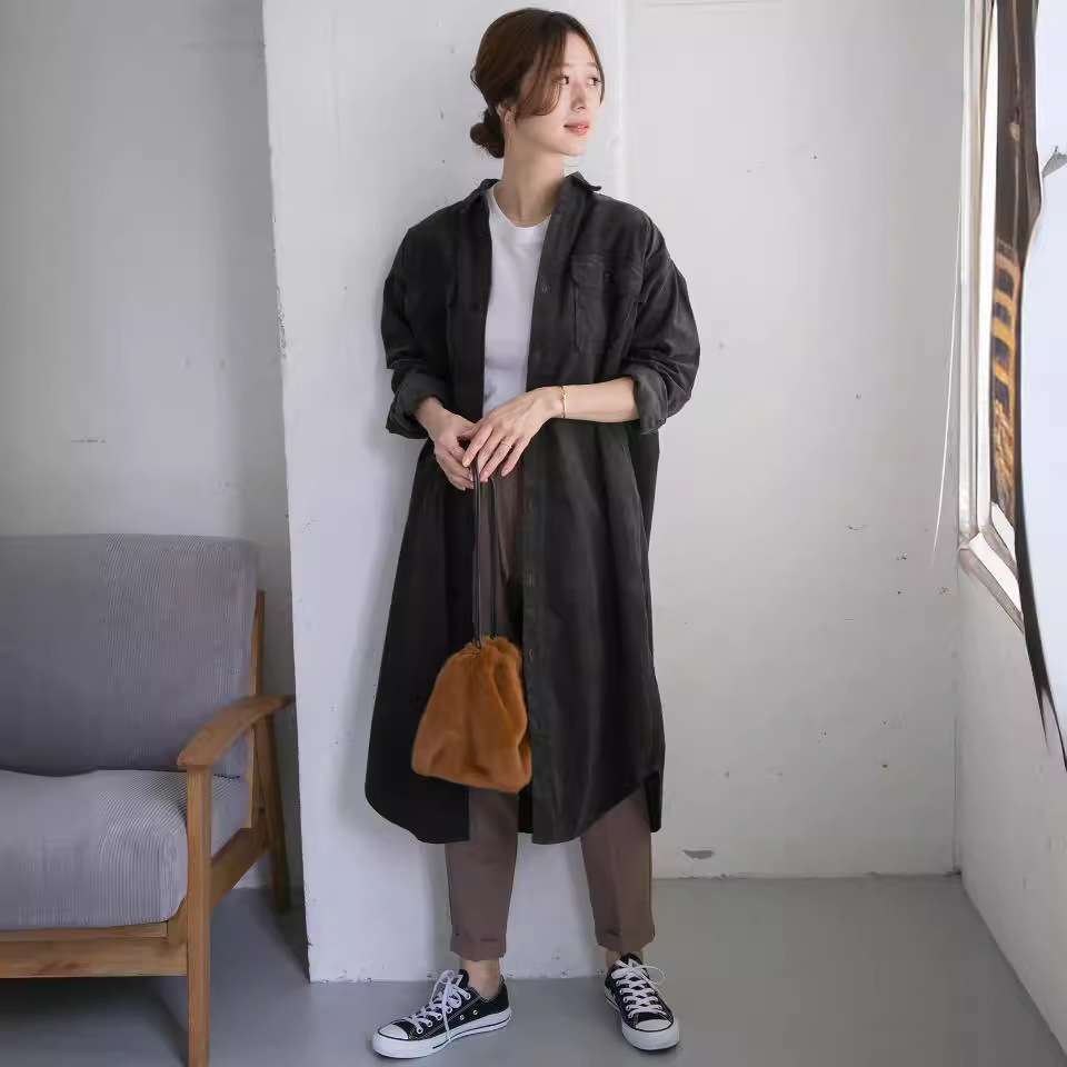 货号A12031112新款日系简约纯色休闲灯芯绒长款翻领衬衣裙