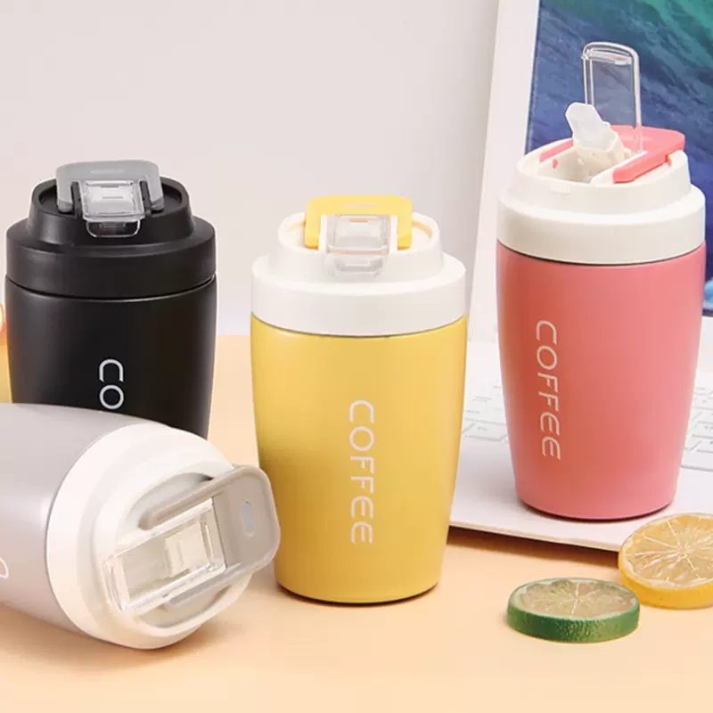 便携304不锈钢咖啡杯高颜值双饮吸管杯简约学生随行保温杯